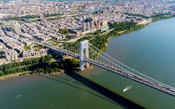 Aerial view of George Washington Bridge spanning the Hudson River in New York City.