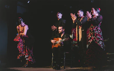 Flamenco performers on stage at Casa AnaFlamenco Show, featuring a guitarist and dancers.