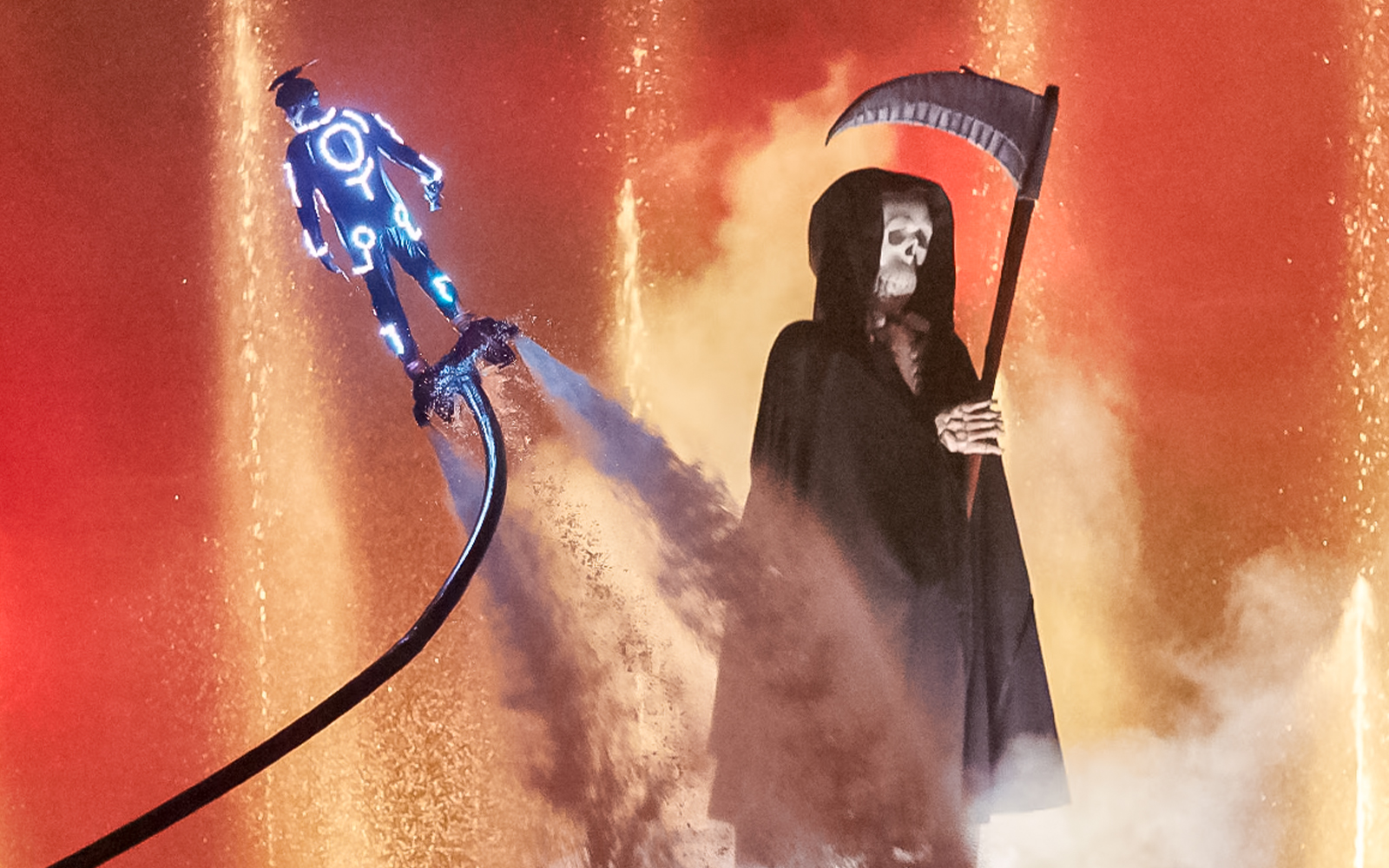 Monsters emerging from lake during Port Aventura's Horror en el Lago show in Spain.