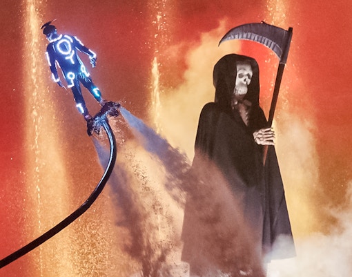 Monsters emerging from lake during Port Aventura's Horror en el Lago show in Spain.
