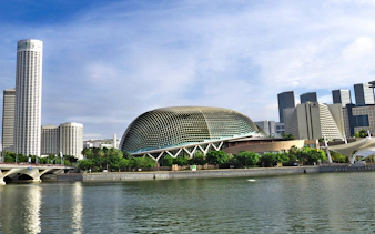 Esplanade Theatres on the Bay with Singapore skyline in the background.