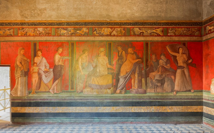 Fresco in the Villa of the Mysteries, Pompeii, depicting ancient Roman rituals.