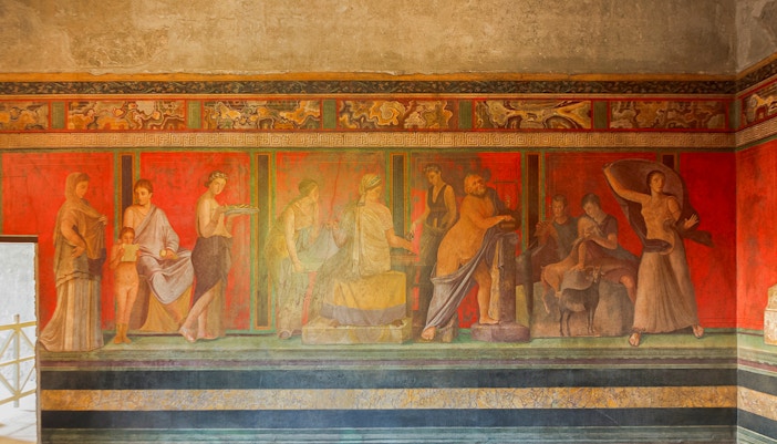 Fresco in the Villa of the Mysteries, Pompeii, depicting ancient Roman rituals.