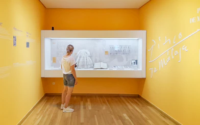 Visitor observing exhibit at Picasso's Birthplace Museum in Málaga.