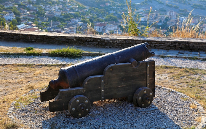 Cannon overlooking Gjirokaster from Gjirokaster Castle, Albania.
