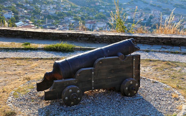 Cannon overlooking Gjirokaster from Gjirokaster Castle, Albania.