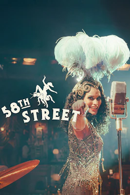 Performer in vintage attire on stage at 58th Street show with microphone.