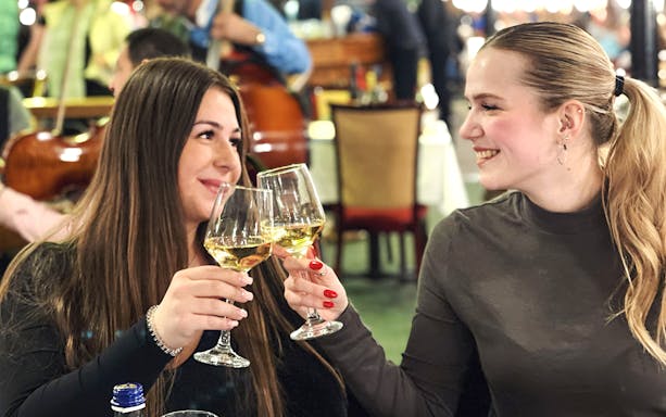 Guests on Danube sightseeing cruise enjoying drinks with Budapest skyline in the background.