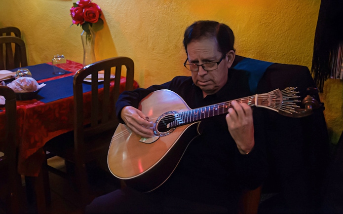 Musician playing Portuguese guitar during Alfama Fado tour in Lisbon restaurant.