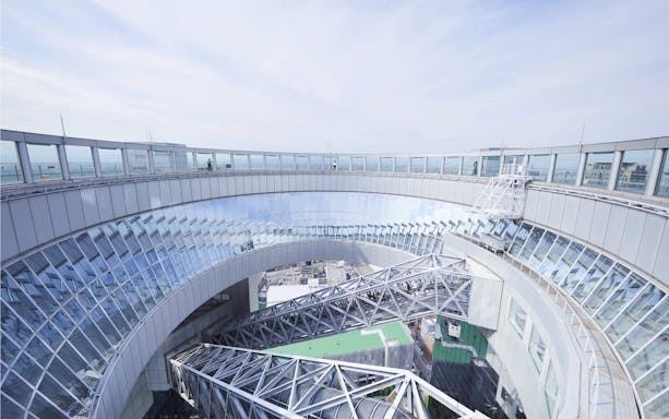 Umeda Sky Building's rooftop observatory in Osaka, showcasing its unique architectural design.
