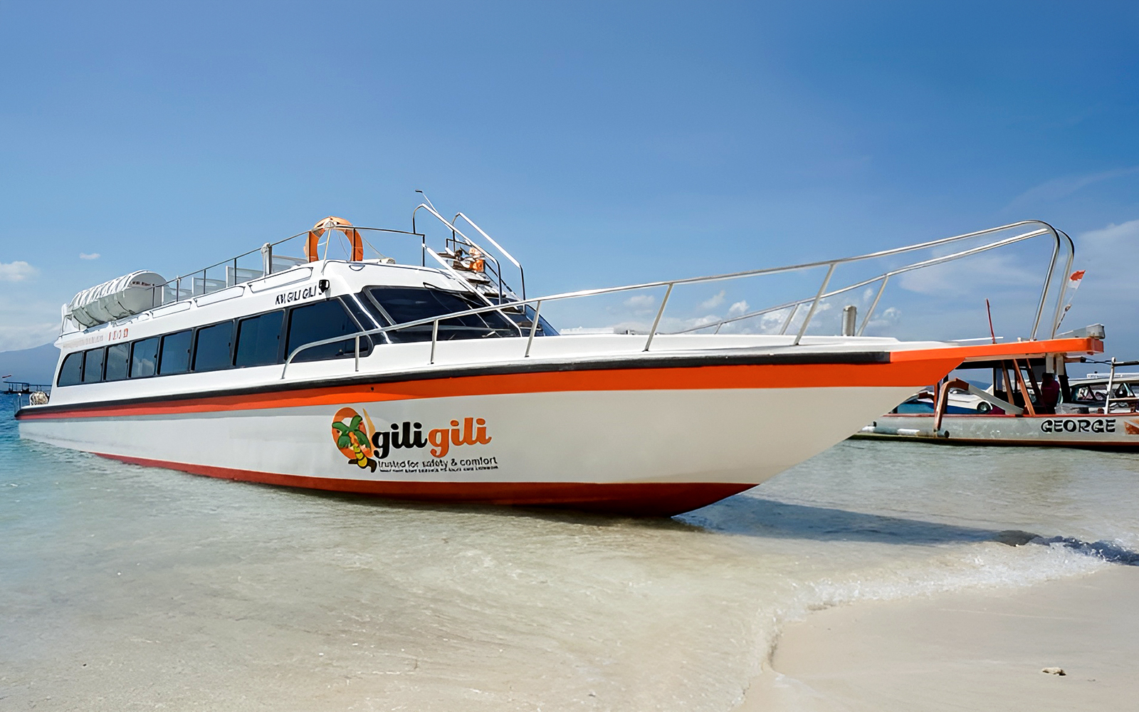 Fast boat docked on sandy beach for Bali, Nusa Penida, Gili Islands, Lombok route.