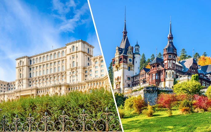 Palace of Parliament and Peles Castle in Romania, part of a guided tour from Bucharest.