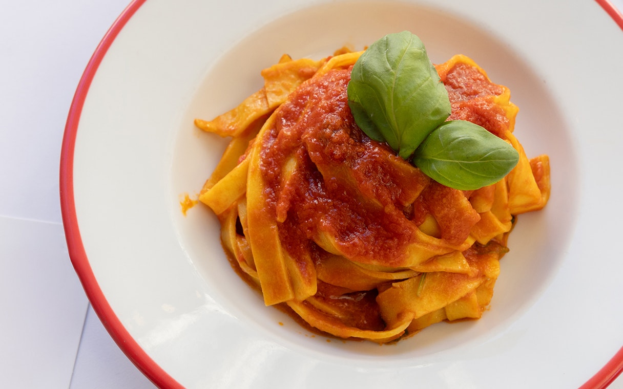 Fettuccine with tomato sauce and basil, part of a Rome cooking class near Navona.