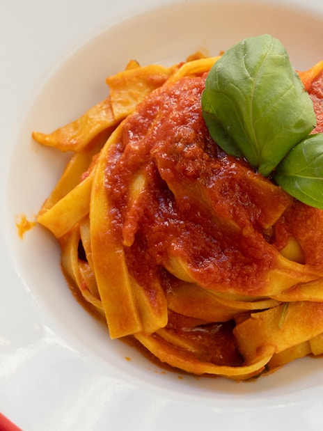 Fettuccine with tomato sauce and basil, part of a Rome cooking class near Navona.