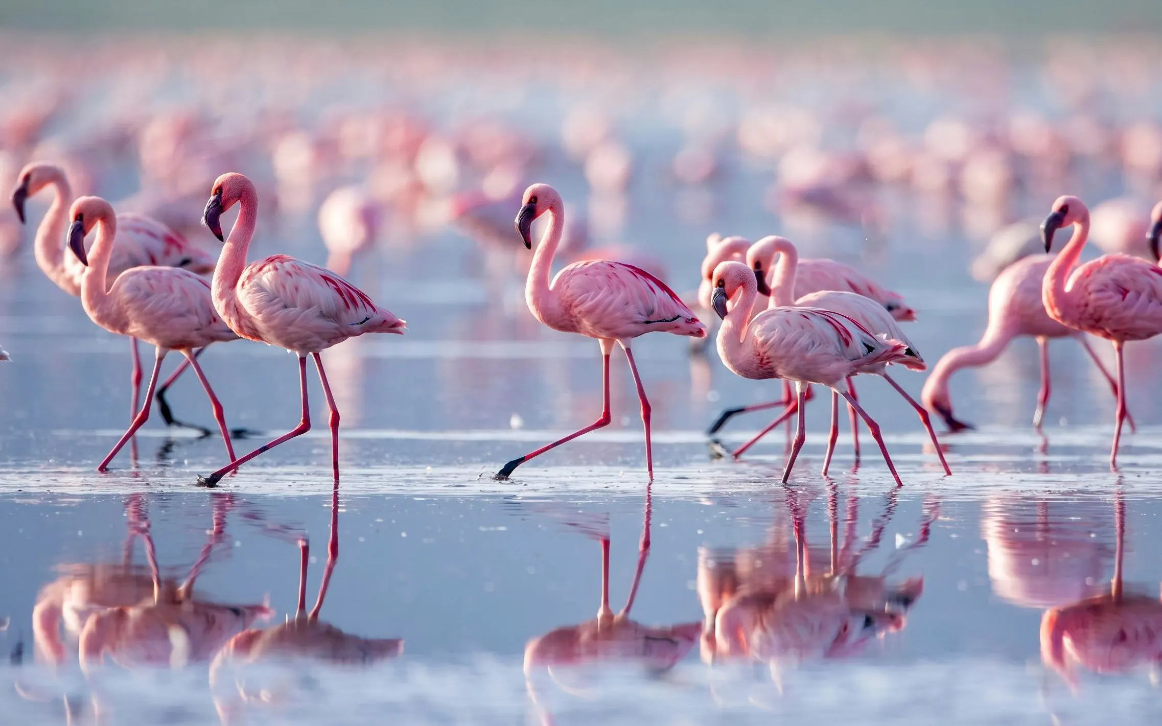 Flamingos wading in Lake Nakuru during Masai Mara Safari.