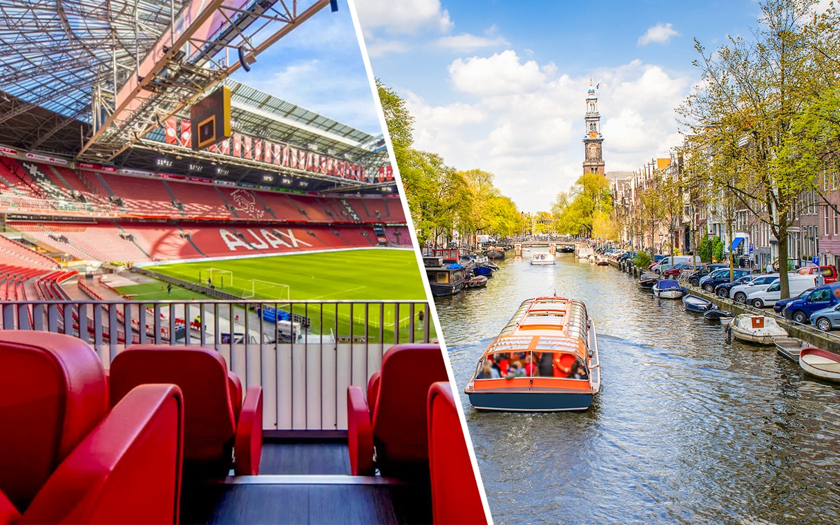 Johan Cruijff ArenA seating and Amsterdam canal cruise boat.