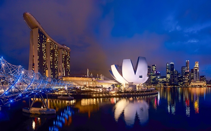 Gardens by the Bay and Marina Bay Sands skyline at night, Singapore.