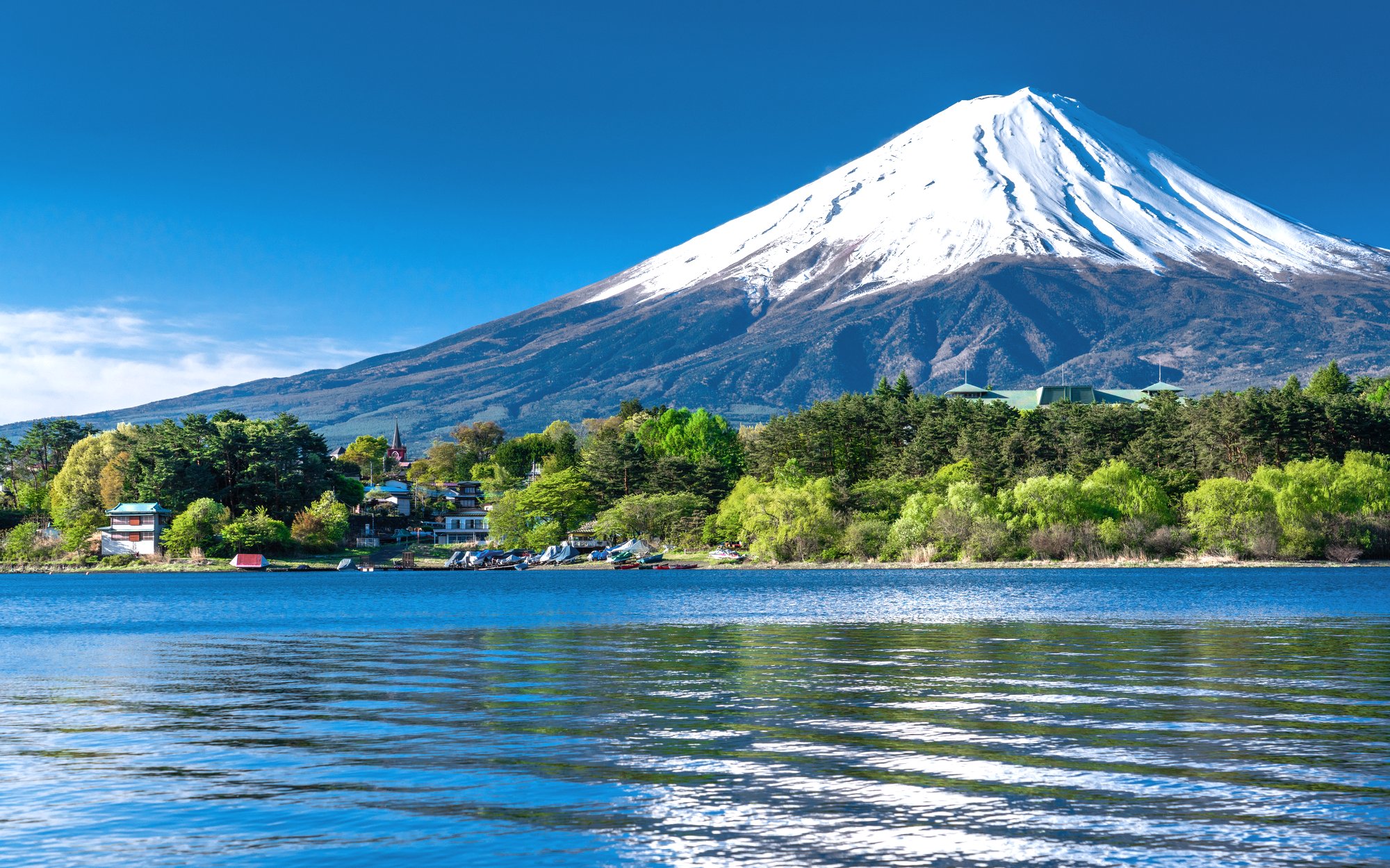 Mt. Fuji with snow-capped peak viewed from Lake Kawaguchiko, surrounded by lush greenery.