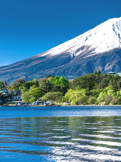 Mt. Fuji with snow-capped peak viewed from Lake Kawaguchiko, surrounded by lush greenery.