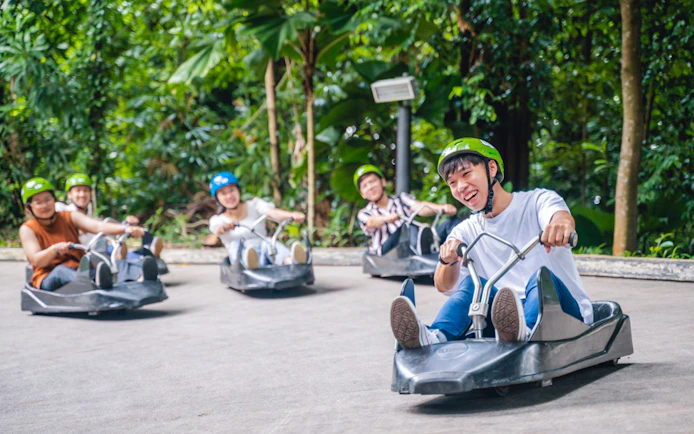 People enjoying a luge ride at Skyline Luge Singapore, surrounded by lush greenery.