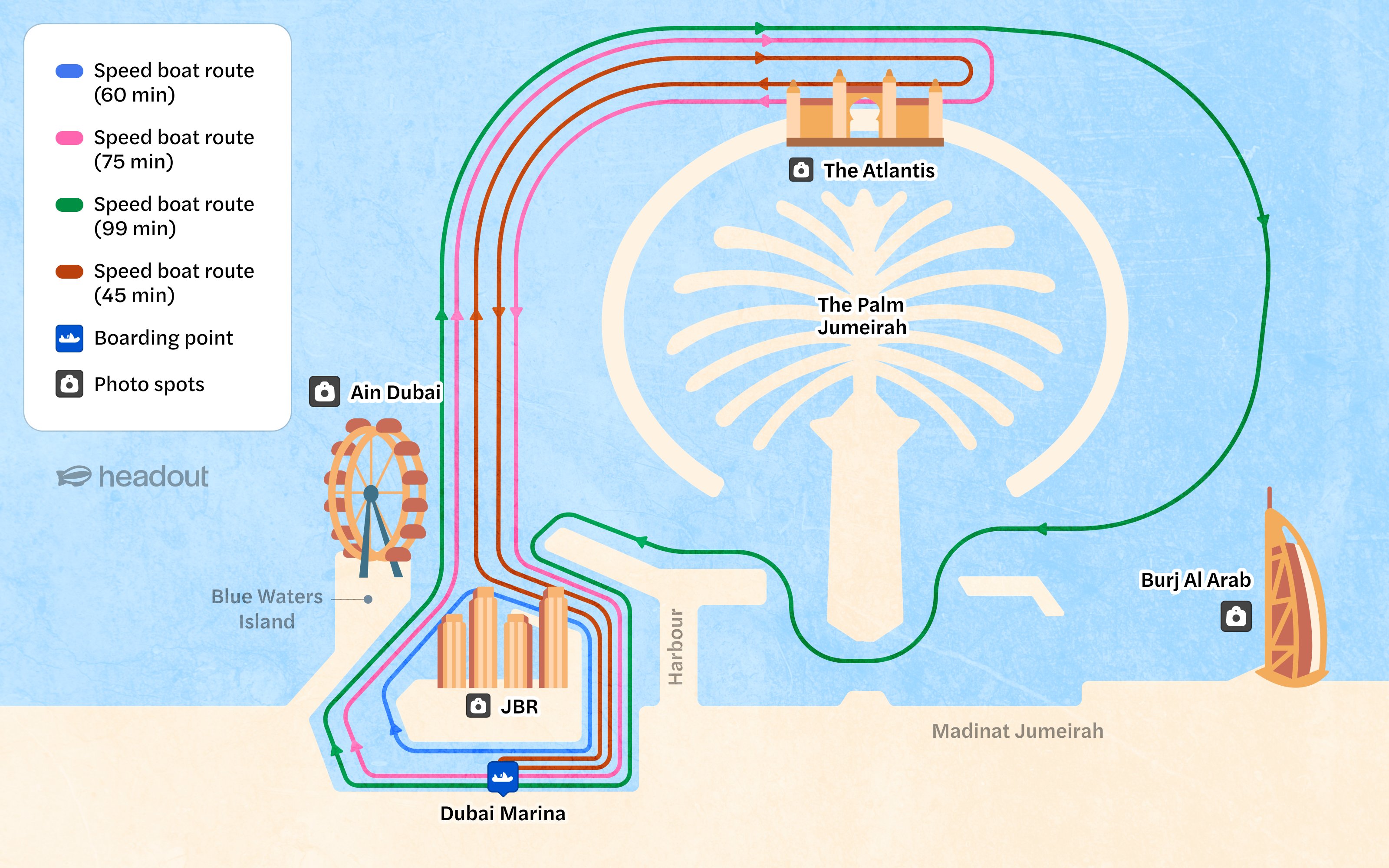 Dubai speedboat tour map showing routes around The Palm Jumeirah, Atlantis, and Burj Al Arab.