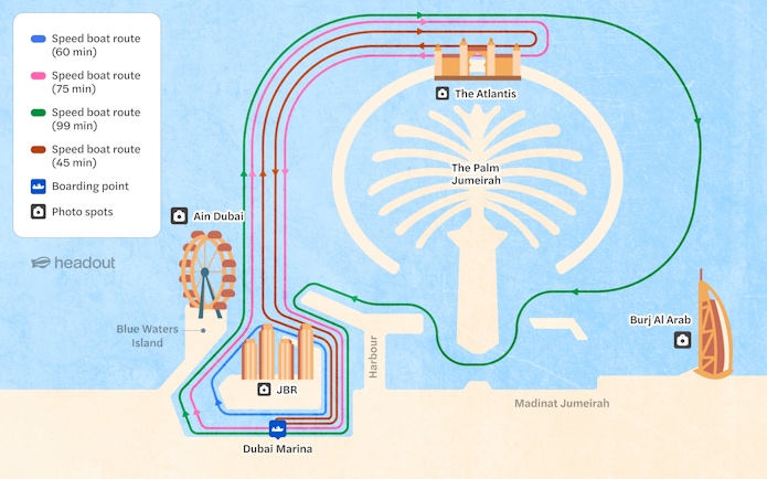 Dubai speedboat tour map showing routes around The Palm Jumeirah, Atlantis, and Burj Al Arab.