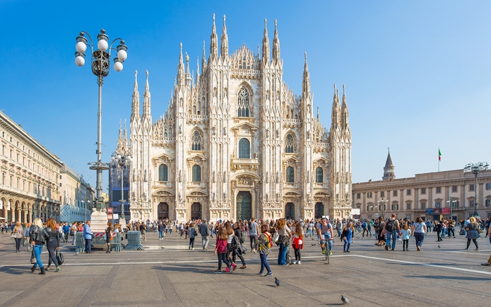 Crowd in front of the Duomo di Milano in Milan, Italy.