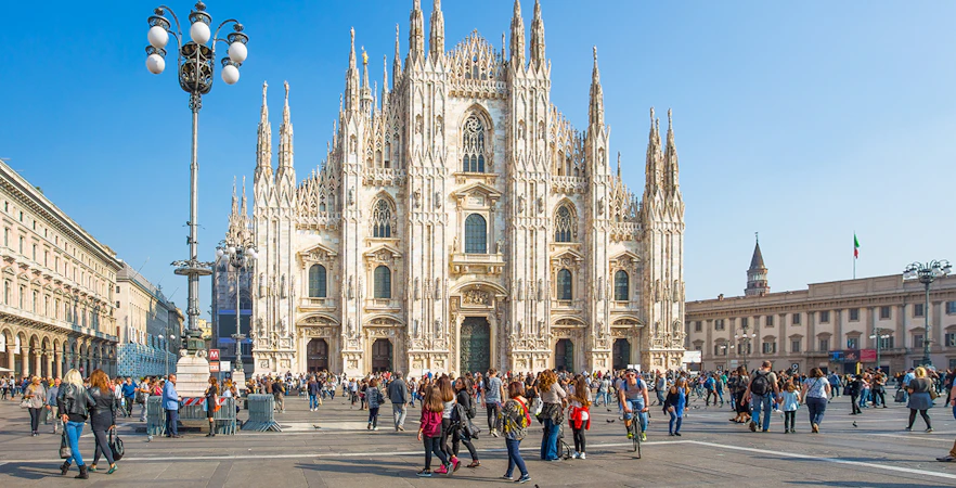 Crowd in front of the Duomo di Milano in Milan, Italy.