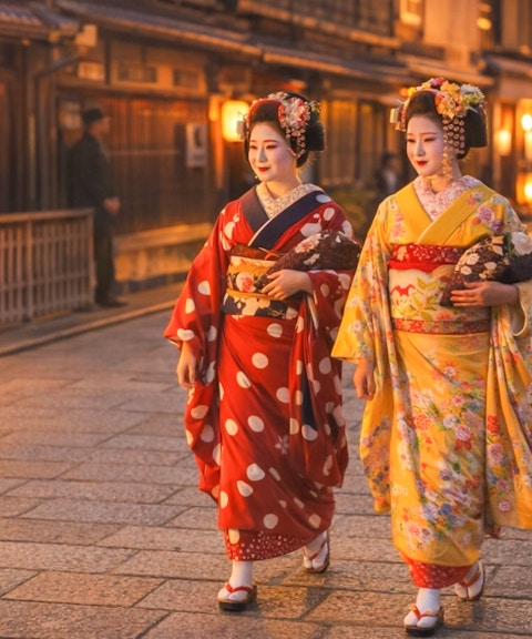 Geishas in traditional attire walking through Gion district, Kyoto.