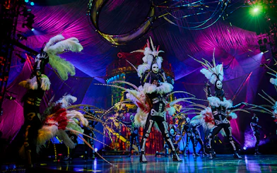 Performers in elaborate costumes on stage during Kooza show in Brisbane.