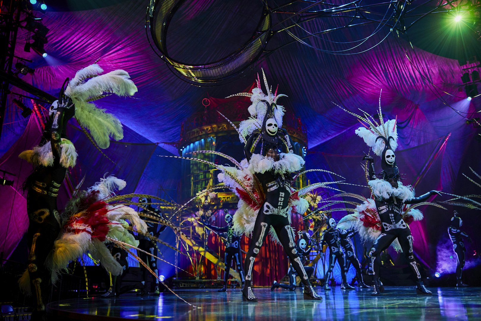 Performers in elaborate costumes on stage during Kooza show in Brisbane.