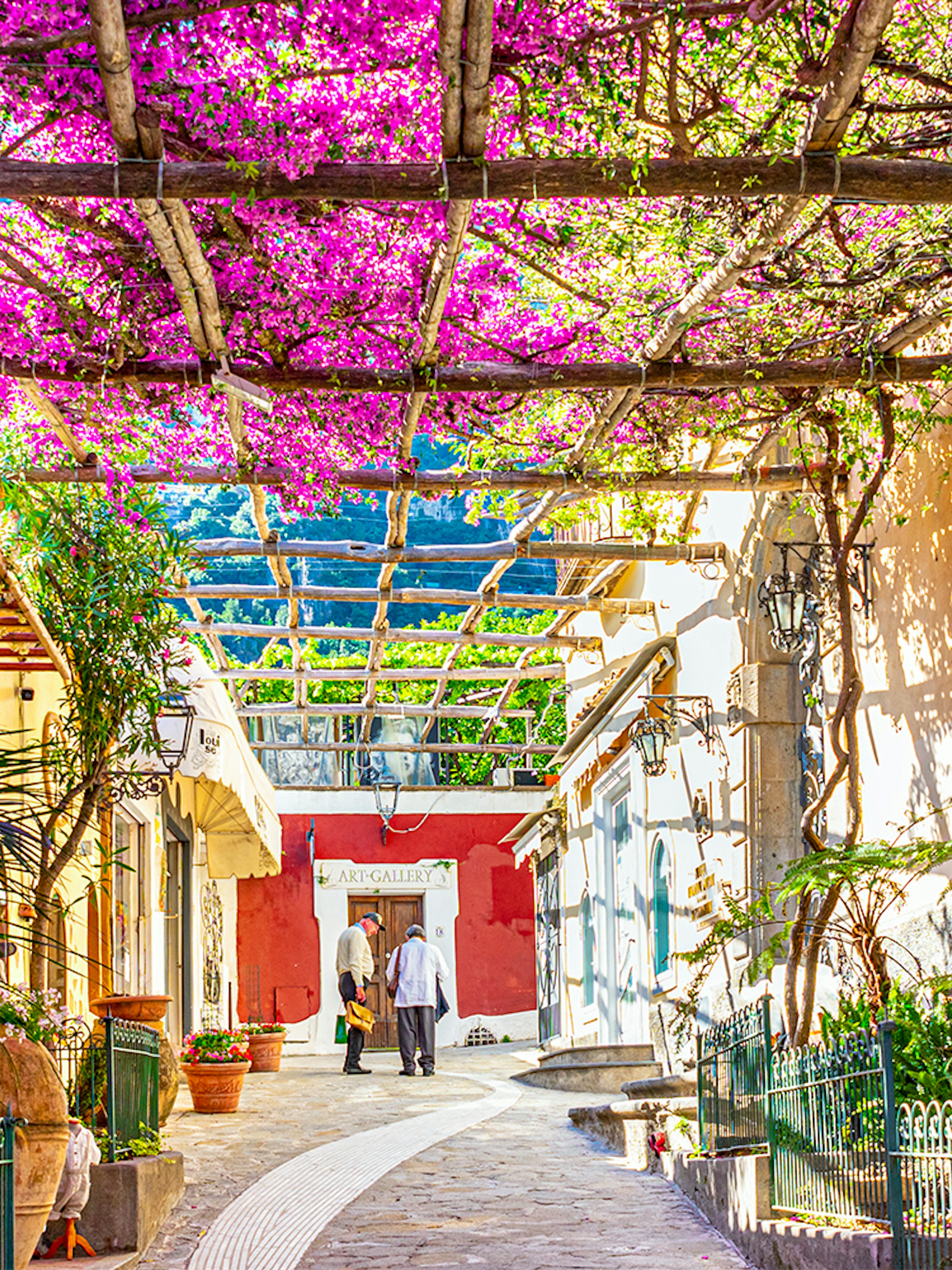 Pathway with blooming bougainvillea in Positano, Italy, leading to an art gallery.