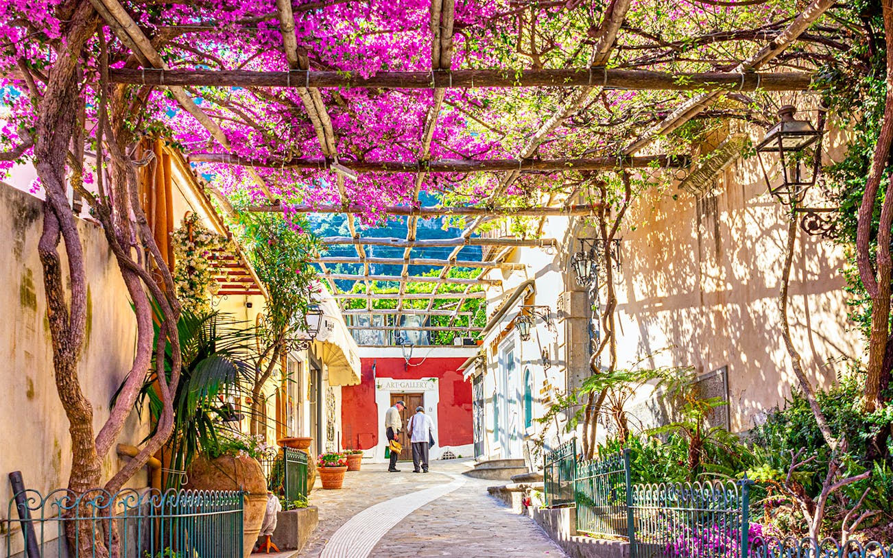Pathway with blooming bougainvillea in Positano, Italy, leading to an art gallery.