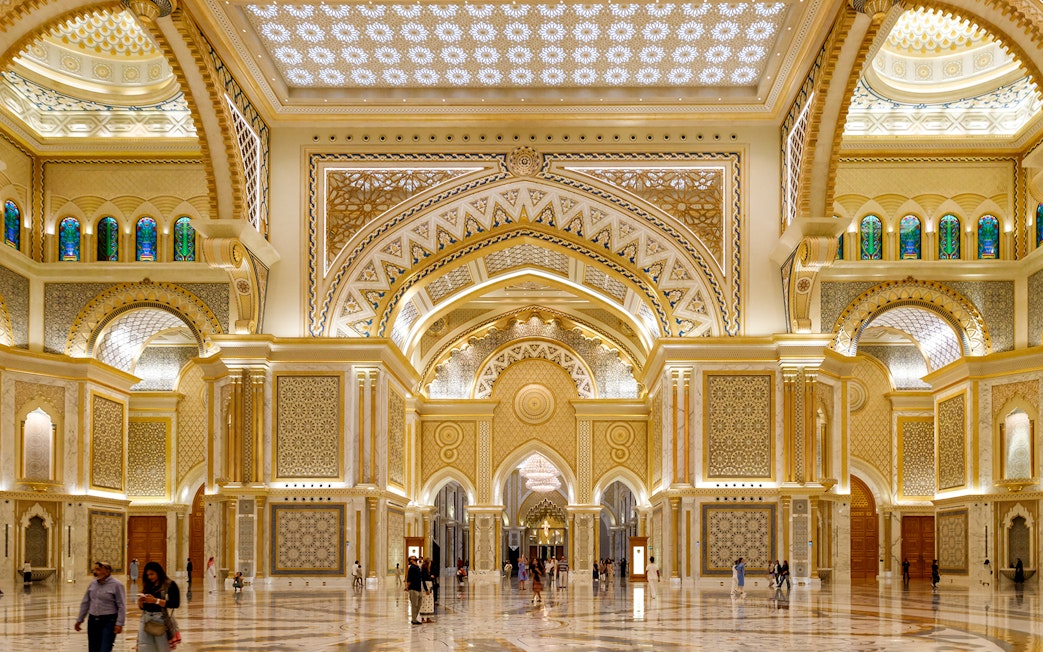 Qasr Al Watan interior with intricate arches and ornate patterns, Abu Dhabi.