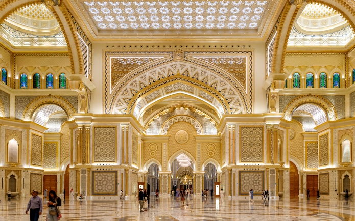 Qasr Al Watan interior with intricate arches and ornate patterns, Abu Dhabi.
