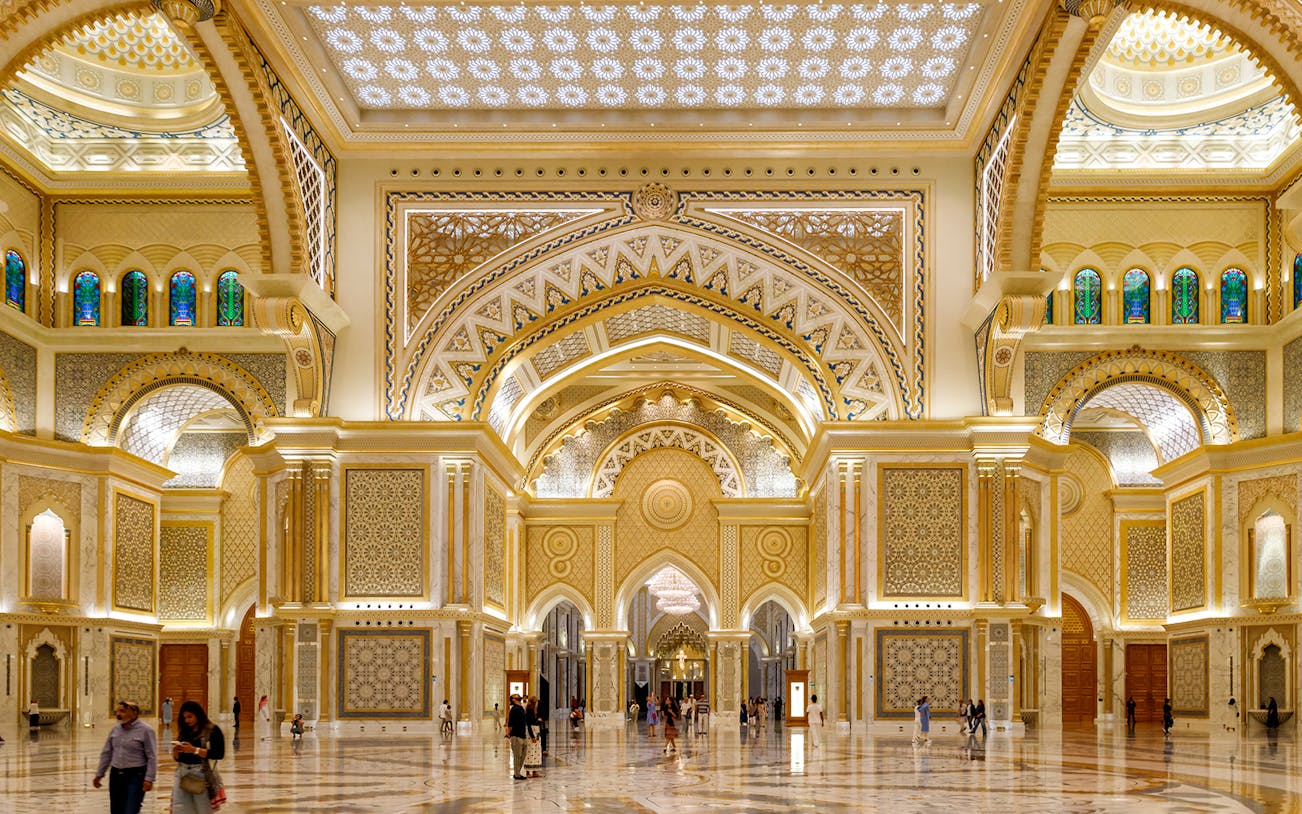 Qasr Al Watan interior with intricate arches and ornate patterns, Abu Dhabi.
