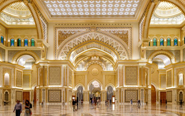 Qasr Al Watan interior with intricate arches and ornate patterns, Abu Dhabi.