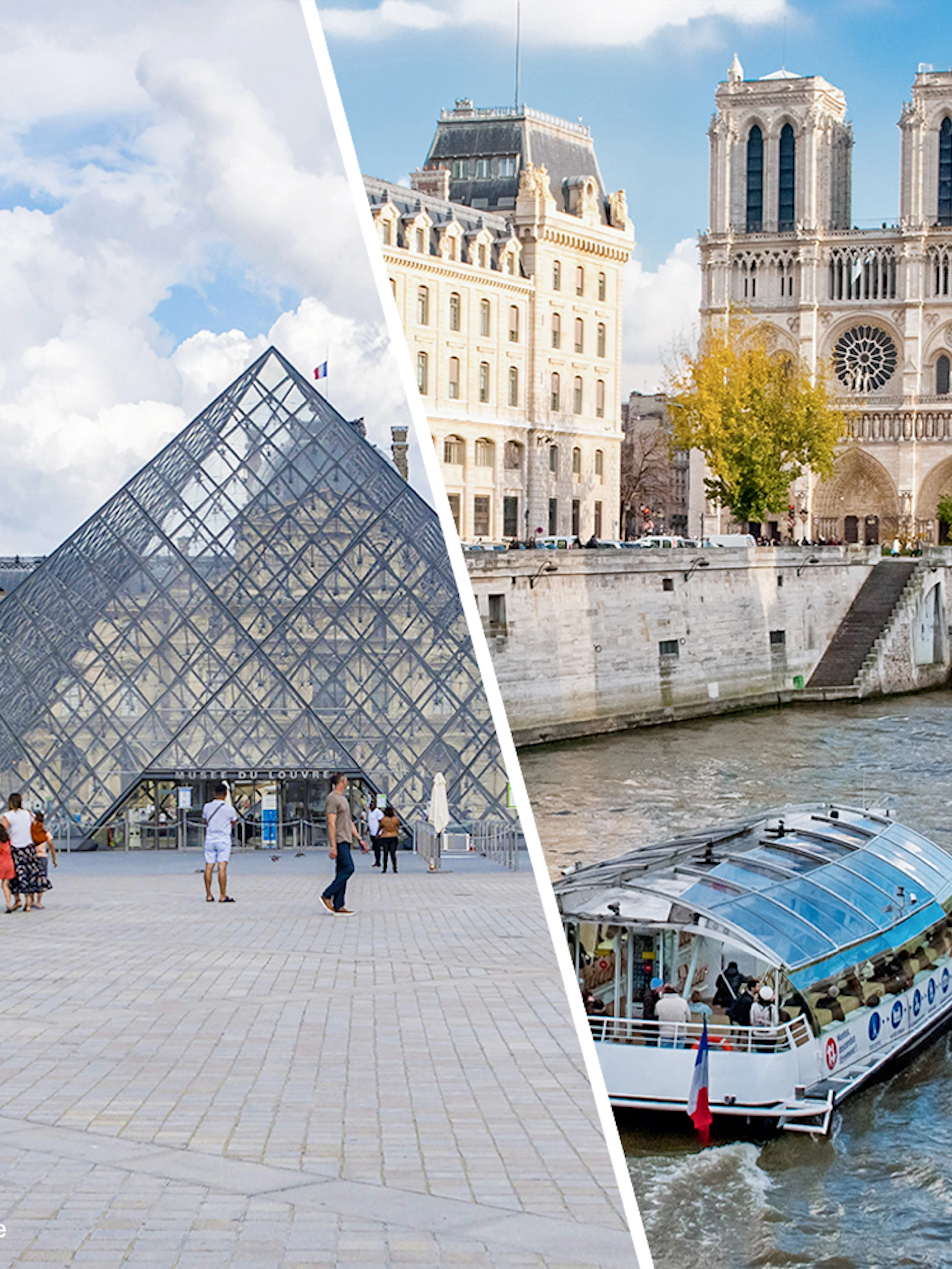 Louvre Pyramid entrance and Seine River cruise boat in Paris.