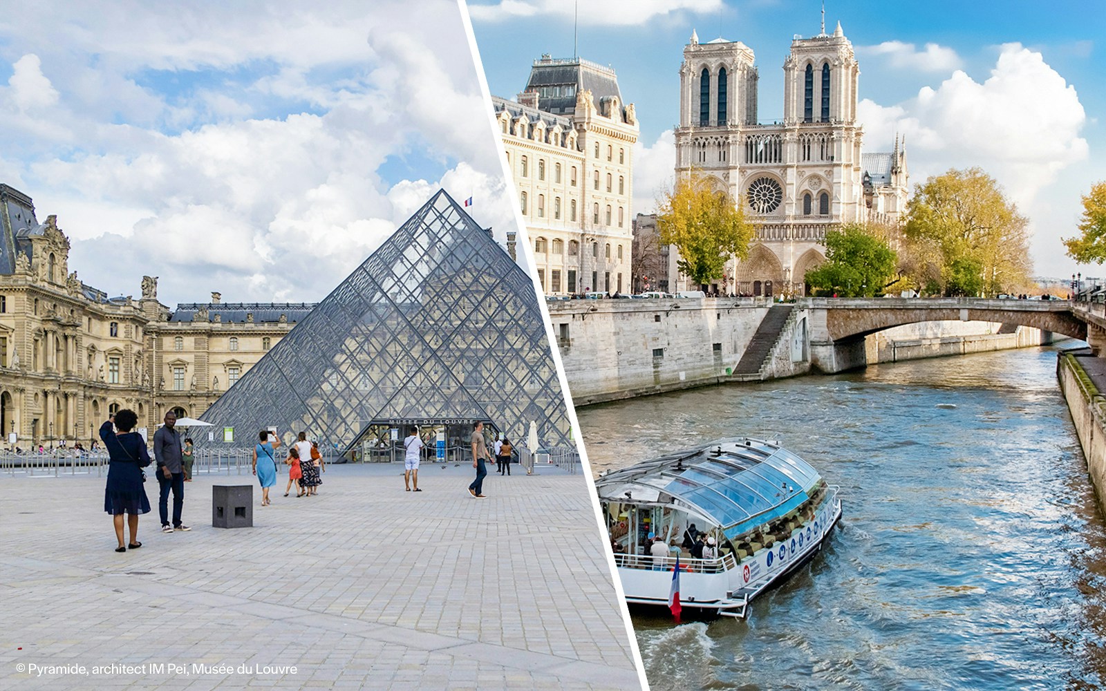 Louvre Museum entrance with reserved access and Seine River cruise boat in Paris.