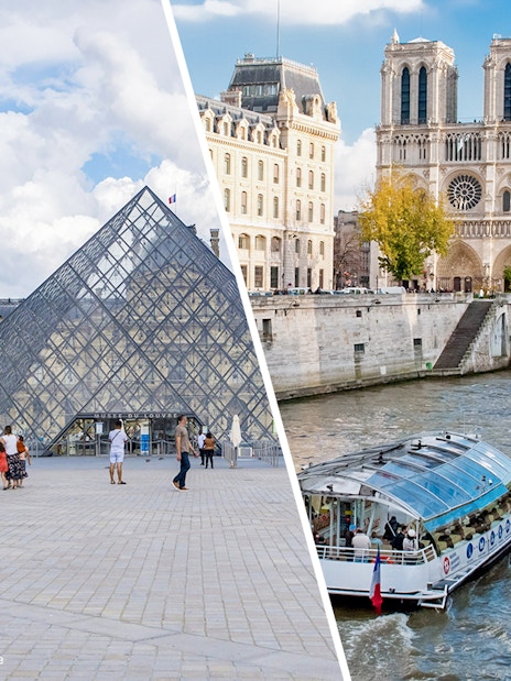 Louvre Pyramid entrance and Seine River cruise boat in Paris.
