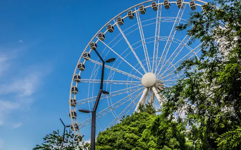Budapest Eye Ferris wheel against blue sky with trees in foreground.