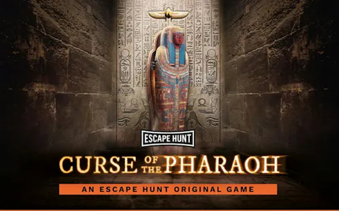 Curse of the Pharaoh Escape Room poster with Egyptian sarcophagus in Dubai.
