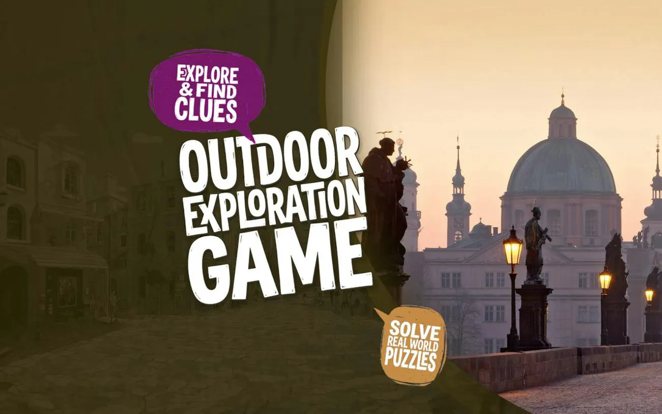 Prague cityscape with Charles Bridge statues, promoting self-guided exploration game.