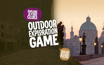 Prague cityscape with Charles Bridge statues, promoting self-guided exploration game.