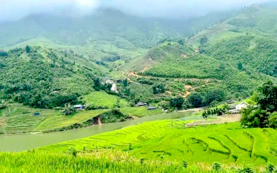 Terraced rice fields in Sapa with lush green hills and a river, part of the Sapa 1 Day Tour.