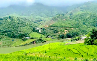 Terraced rice fields in Sapa with lush green hills and a river, part of the Sapa 1 Day Tour.