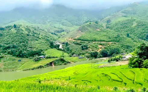 Terraced rice fields in Sapa with lush green hills and a river, part of the Sapa 1 Day Tour.
