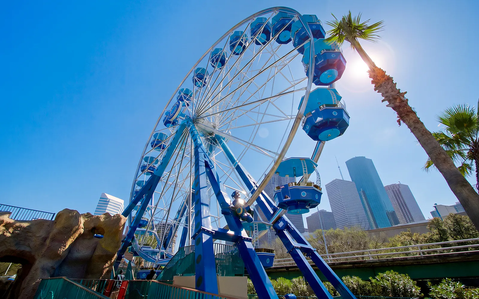 Ferris wheel at Downtown Aquarium Houston with city skyline in background.