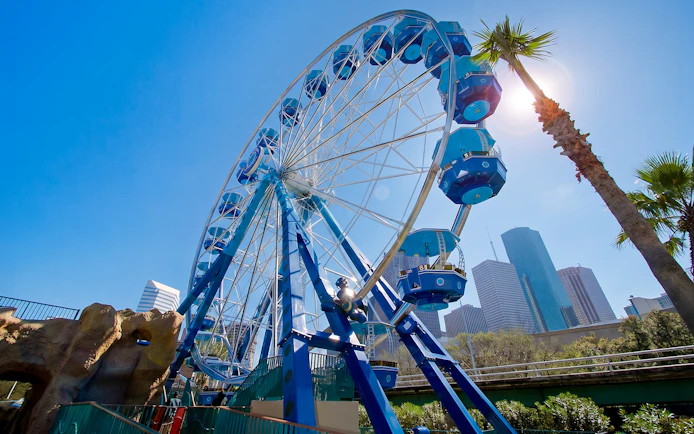 Ferris wheel at Downtown Aquarium Houston with city skyline in background.