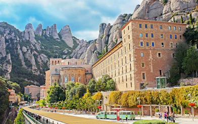 Montserrat Monastery with mountain backdrop in Catalonia, Spain.